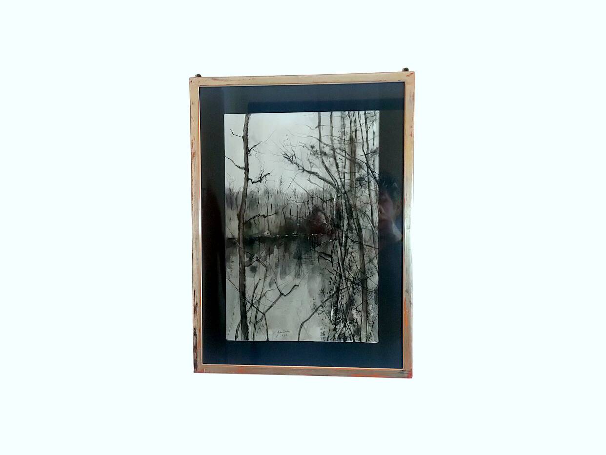 Painting signed gantner (bernard, 1928-2018) – watercolored chinese ink, lake landscape