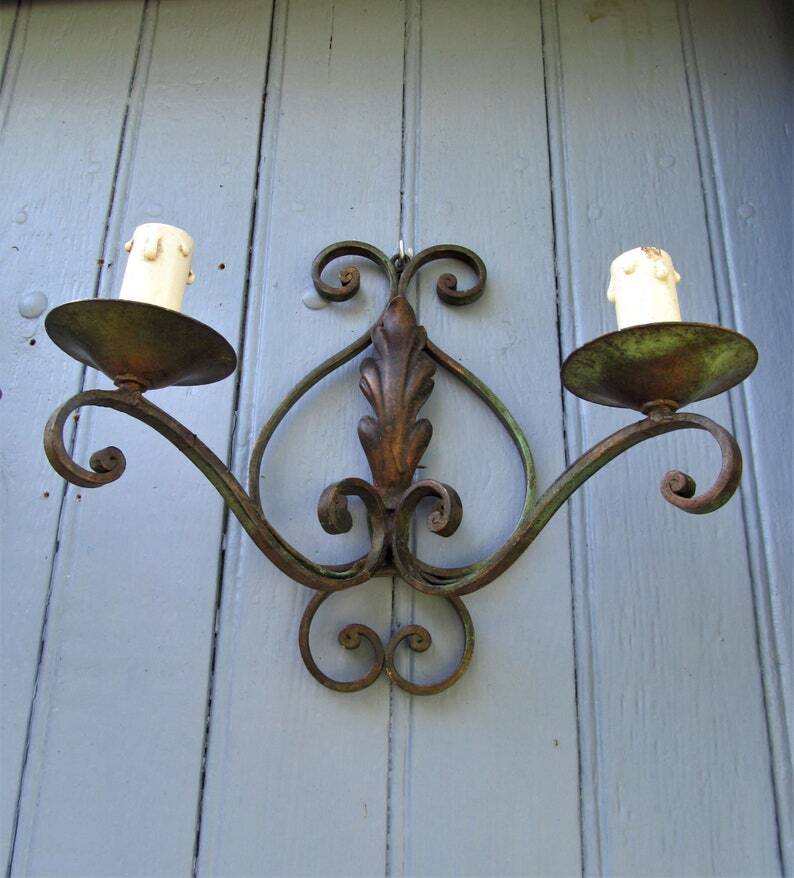 Art Deco Wrought Iron Wall Sconces: French Tole Twin Arm Lights