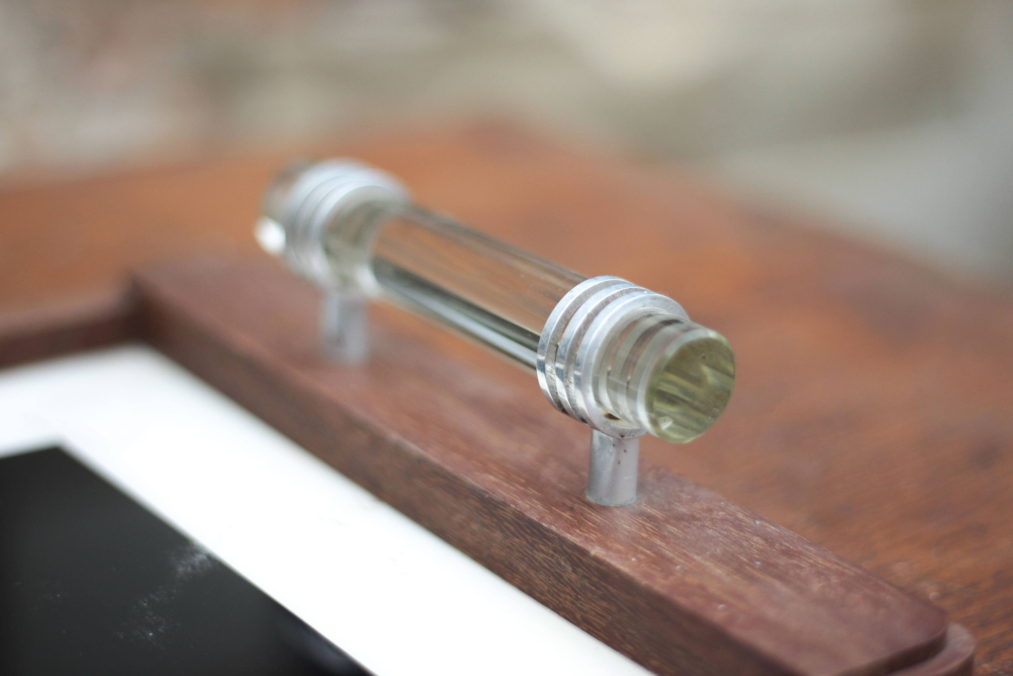 Art deco wooden tray, wooden tray with glass handles, breakfast tray