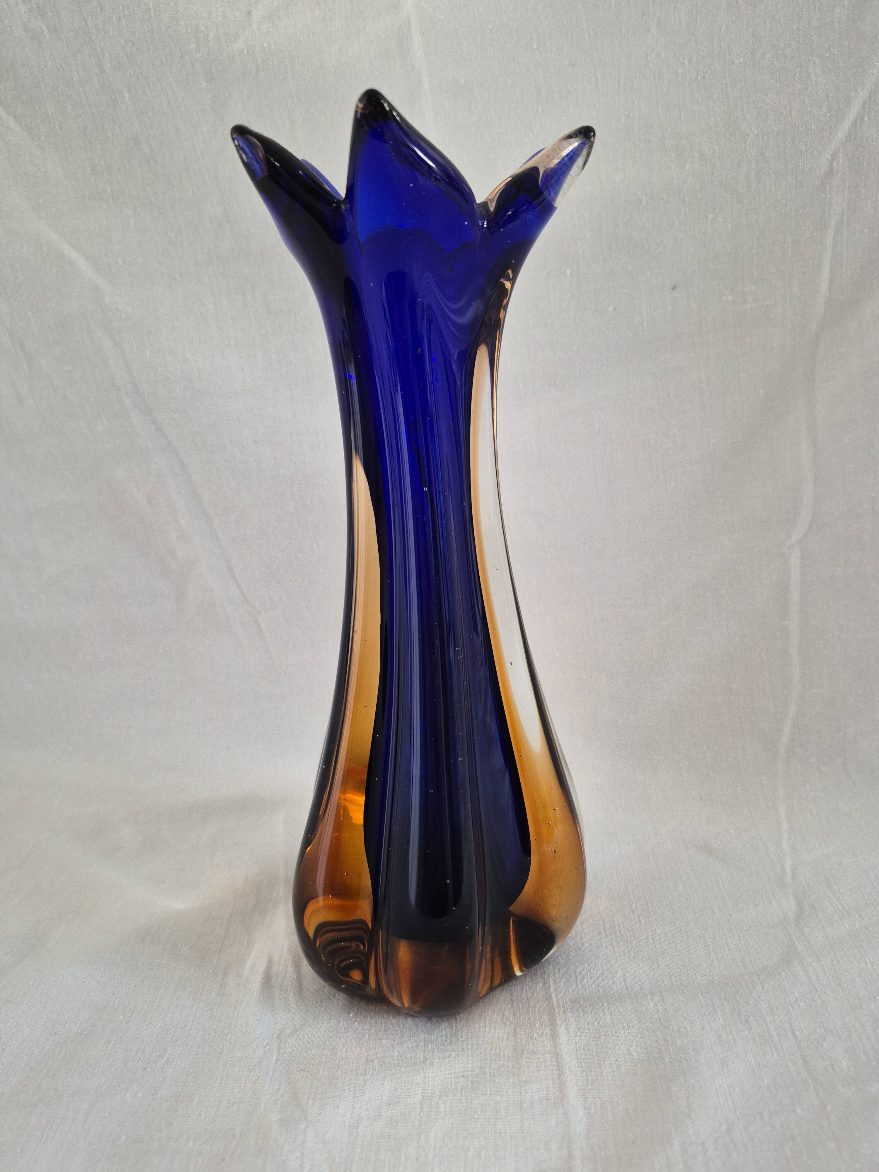 Vintage cobalt blue and amber blown glass vase in Murano style.