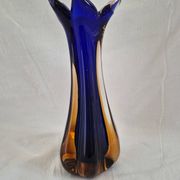 Vintage cobalt blue and amber blown glass vase in Murano style.