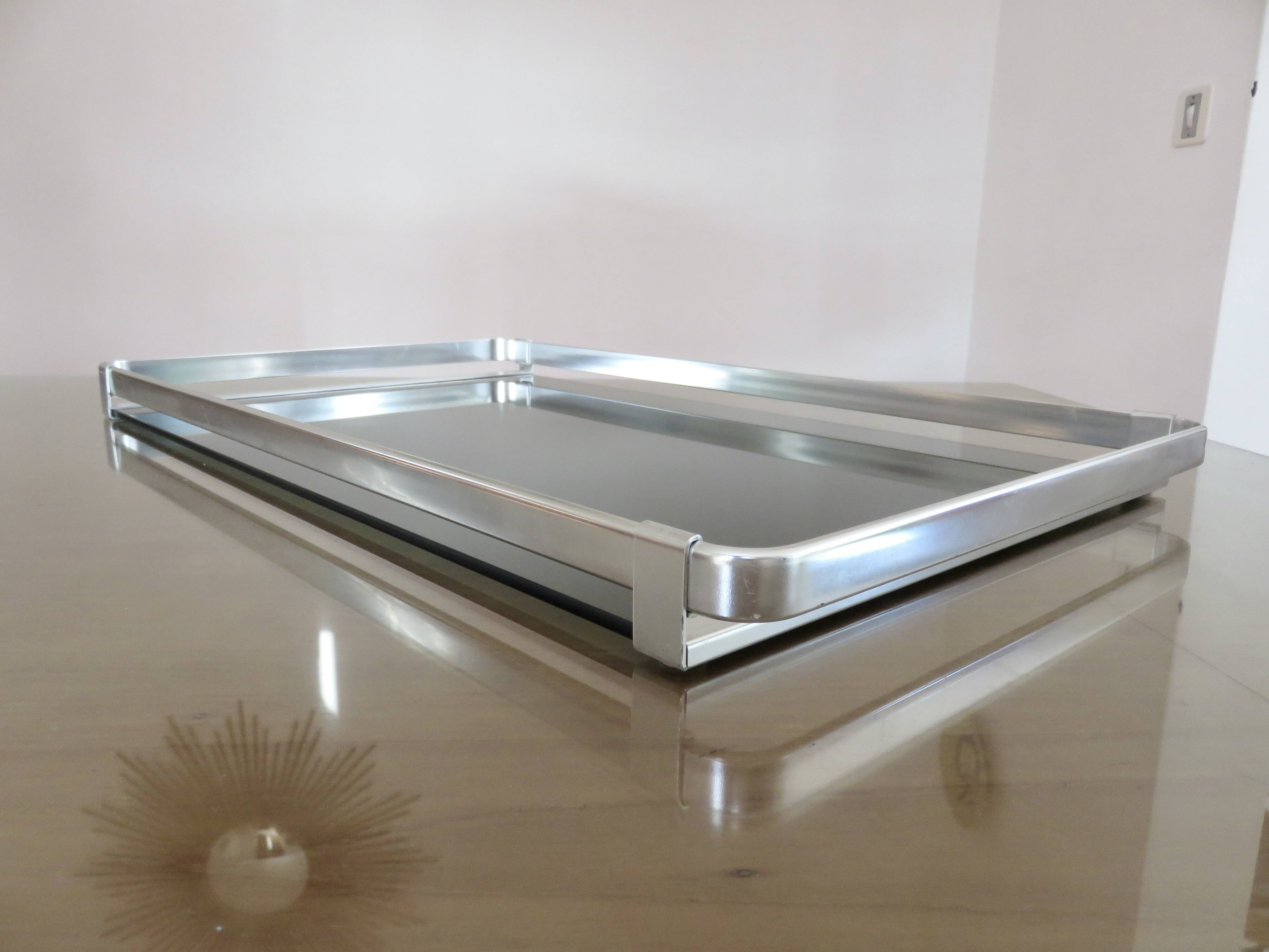 Very large tray, MB Italy for Roche Bobois, aluminum and smoked glass, 70