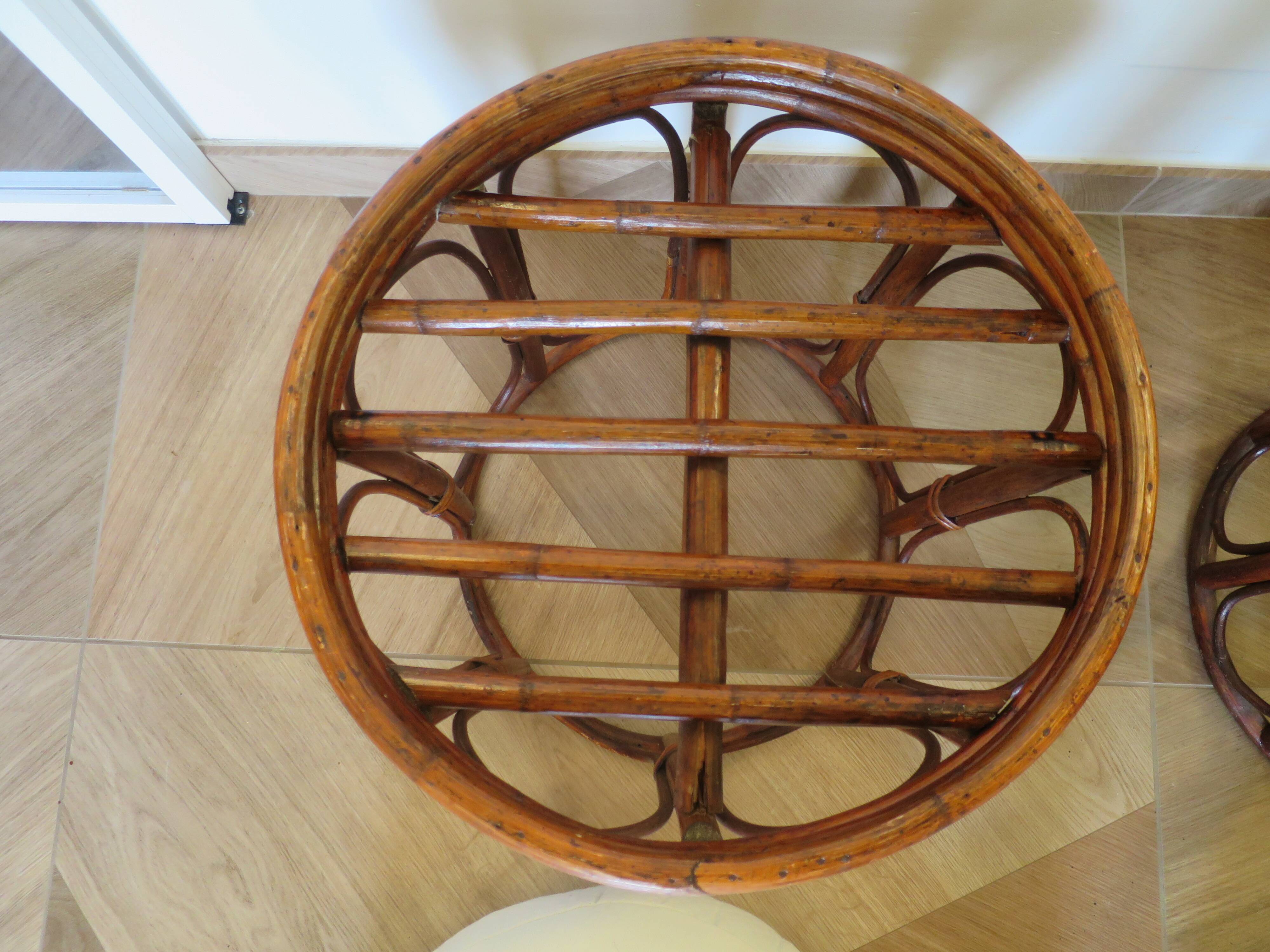 Pretty pair of 2 bamboo and rattan stools with cushions - 80s - Vintage - set of 2