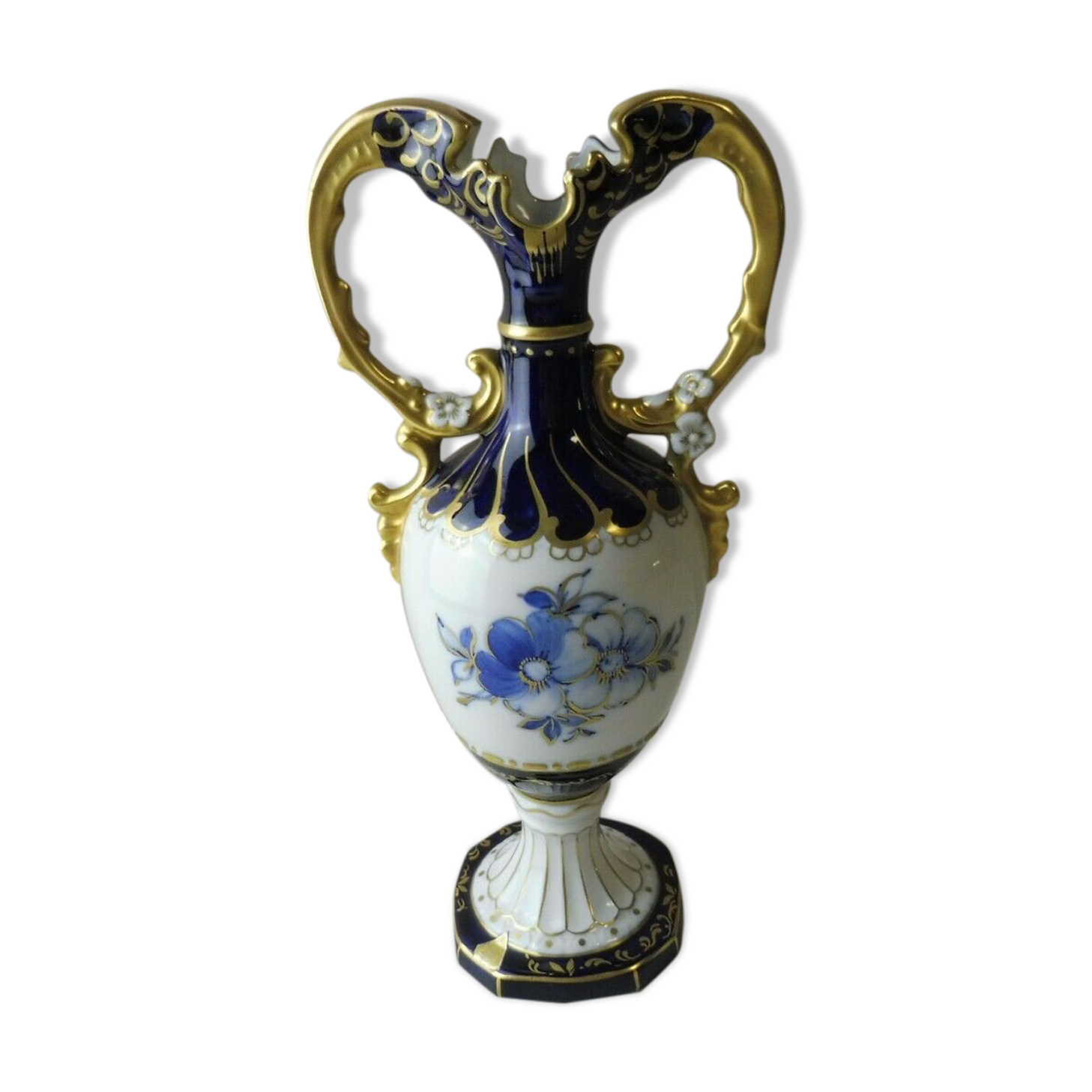 Ancient vase / amphora, blue flowers decoration, Royal Dux, Czechoslovakia Bohemia