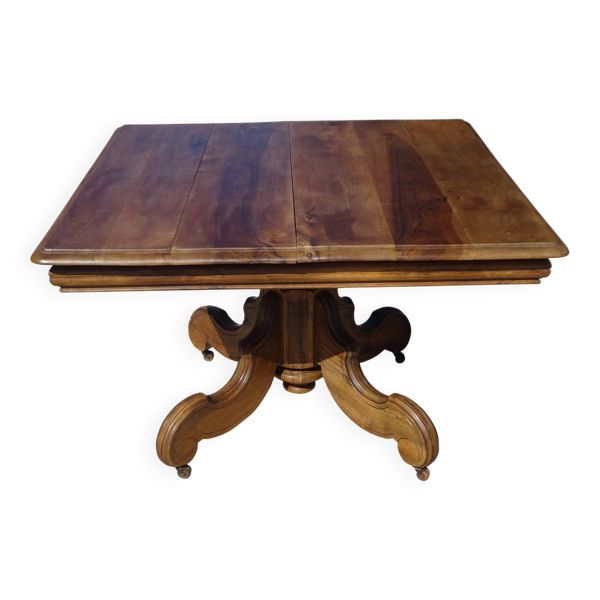 Ancienne table carrée en noyer avec pied central