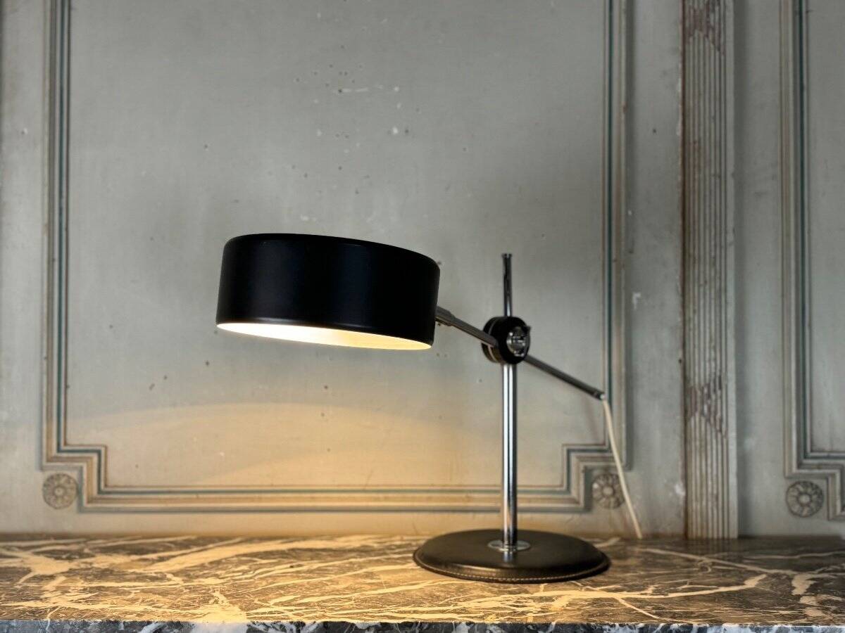 Desk Lamp By Anders Pehrson For Ateljé Lyktan Circa 1960, Leather, Chrome And Metal