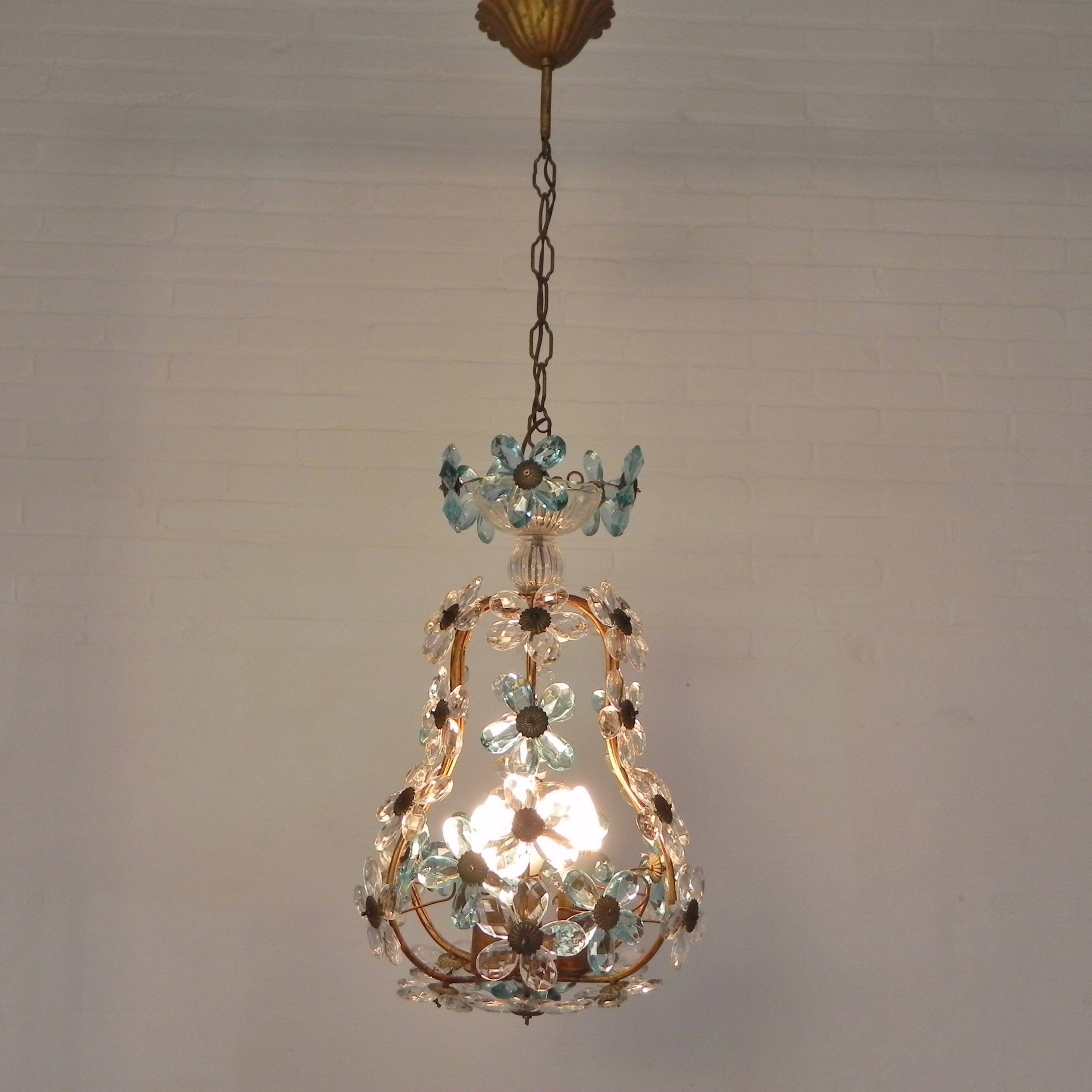 Suspension decorated with 42 blue and clear crystal flowers, Maison Baguès style, 1930s.