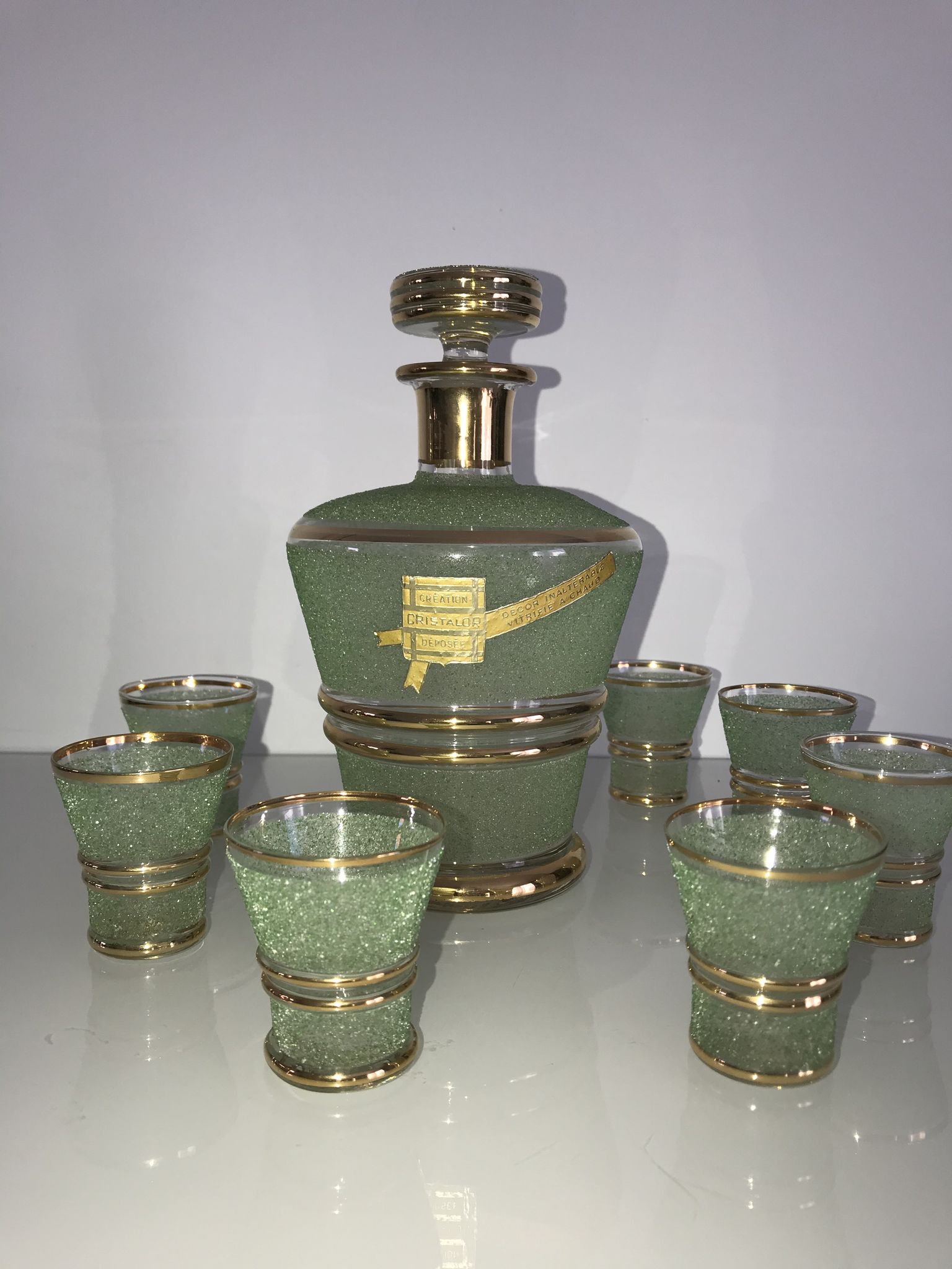 Cristalor liqueur set: decanter and 7 glasses