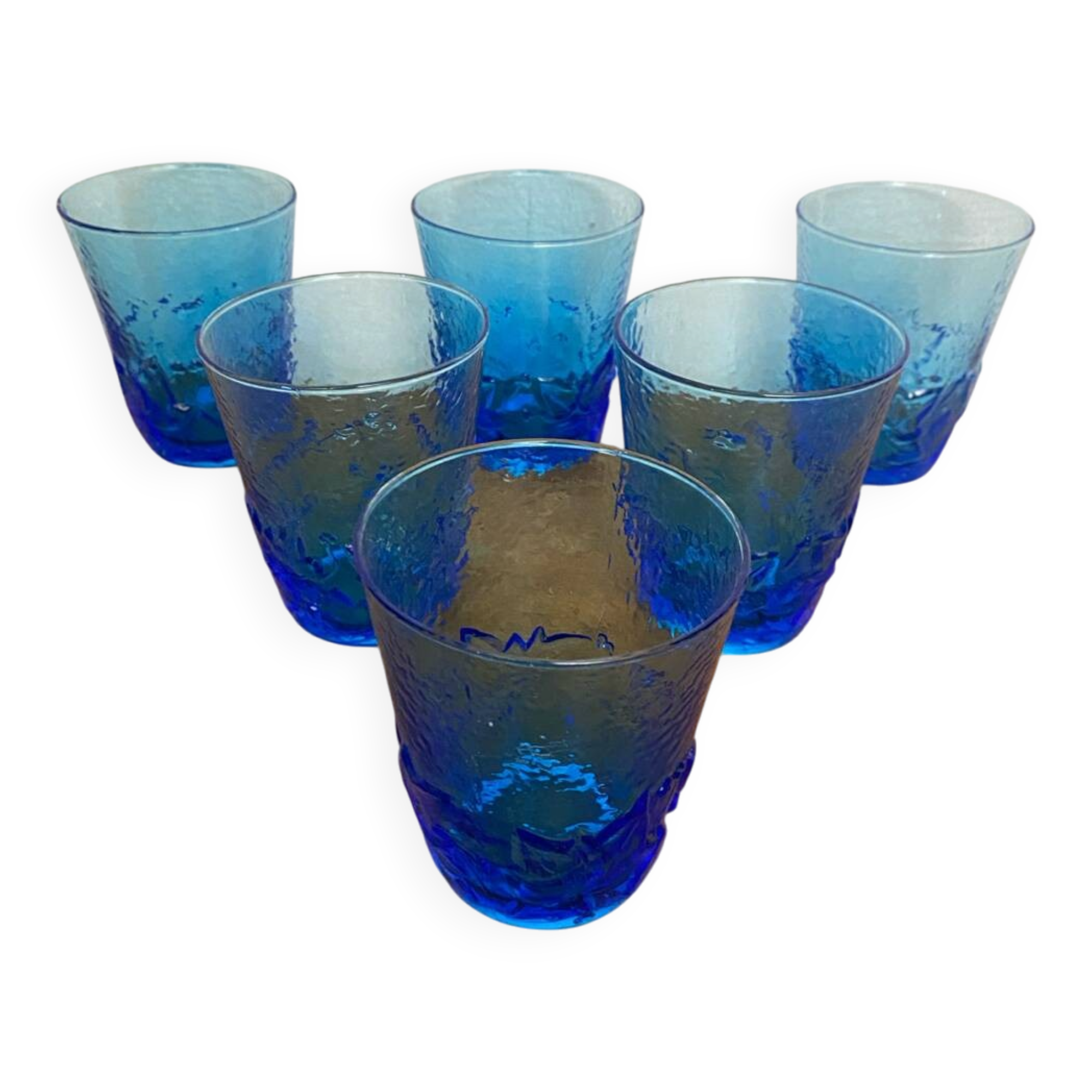 Série de 6 verres à jus verre moulé bleu décor feuilles vintage