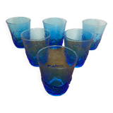Série de 6 verres à jus verre moulé bleu décor feuilles vintage