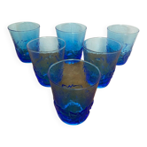 Série de 6 verres à jus verre moulé bleu décor feuilles vintage