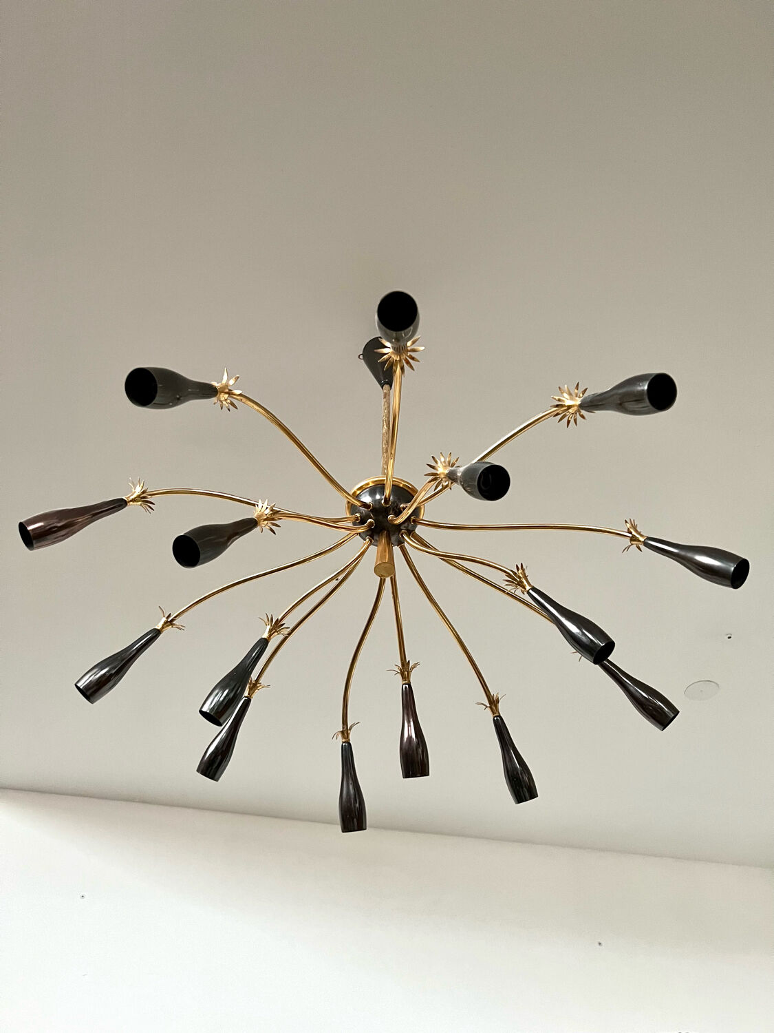 Old spider chandelier Italian metal, vintage Sputnik lamp 15 lights