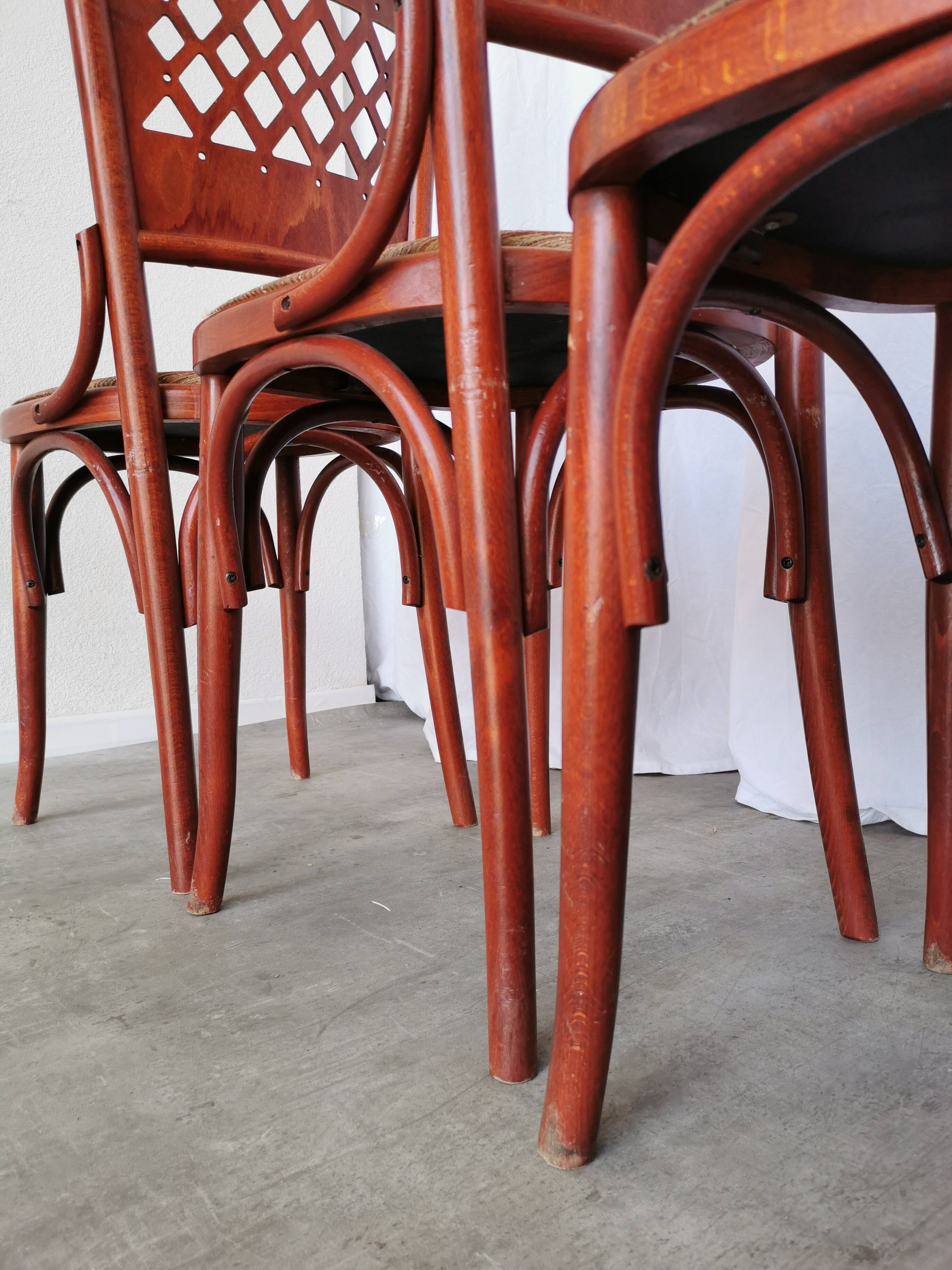 Vintage Italian Bistro Chairs - 1980s Reddish Wood, Brown Fabric - Set of 4