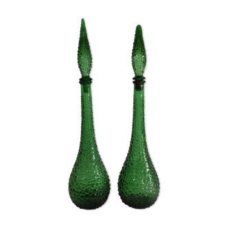 Pair of Italian decanters in molded glass Empoli of the years 60