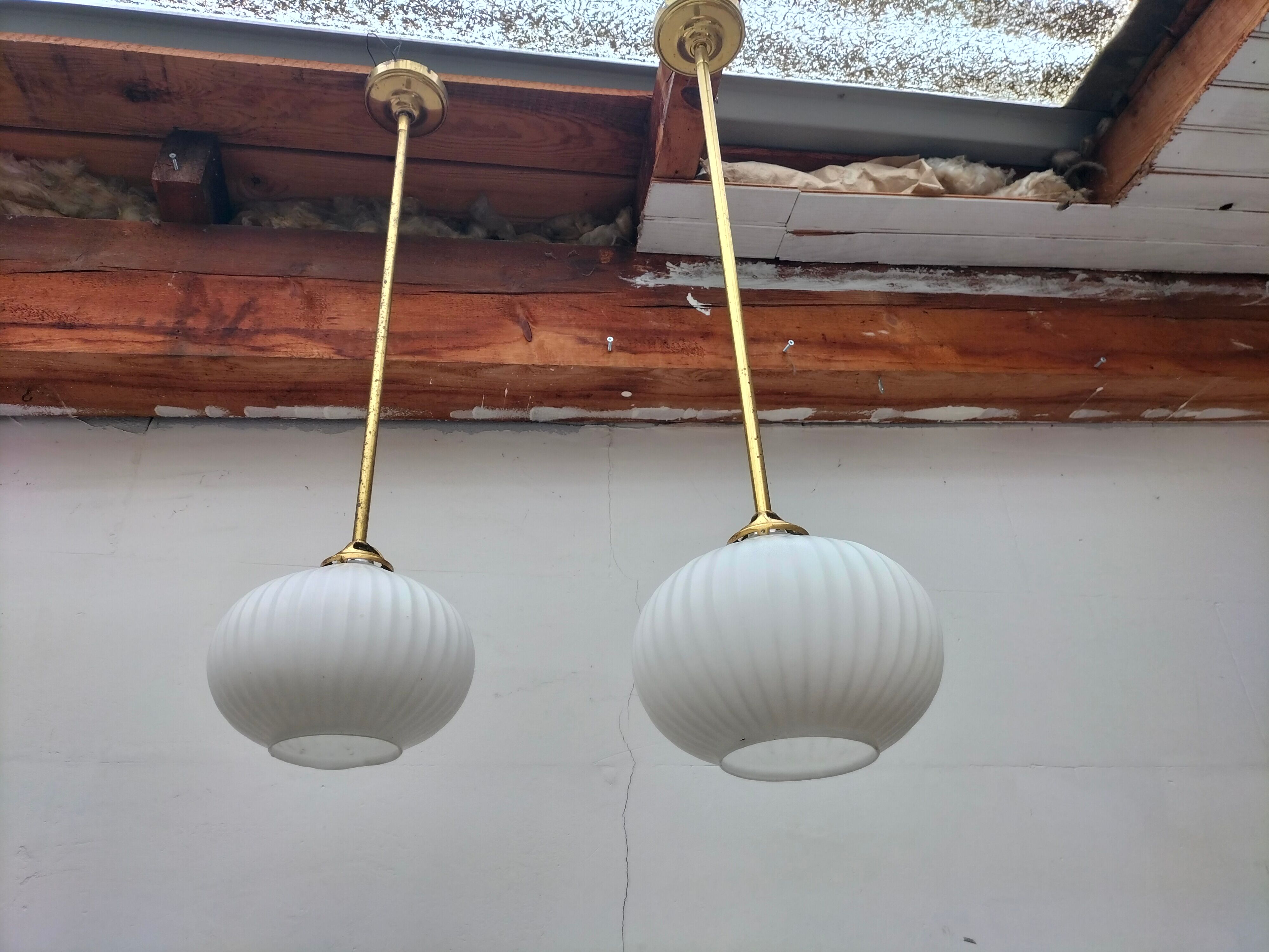 Pair brass and glass chandeliers