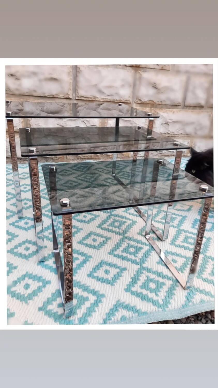 3 nesting coffee tables, smoked glass, chrome base