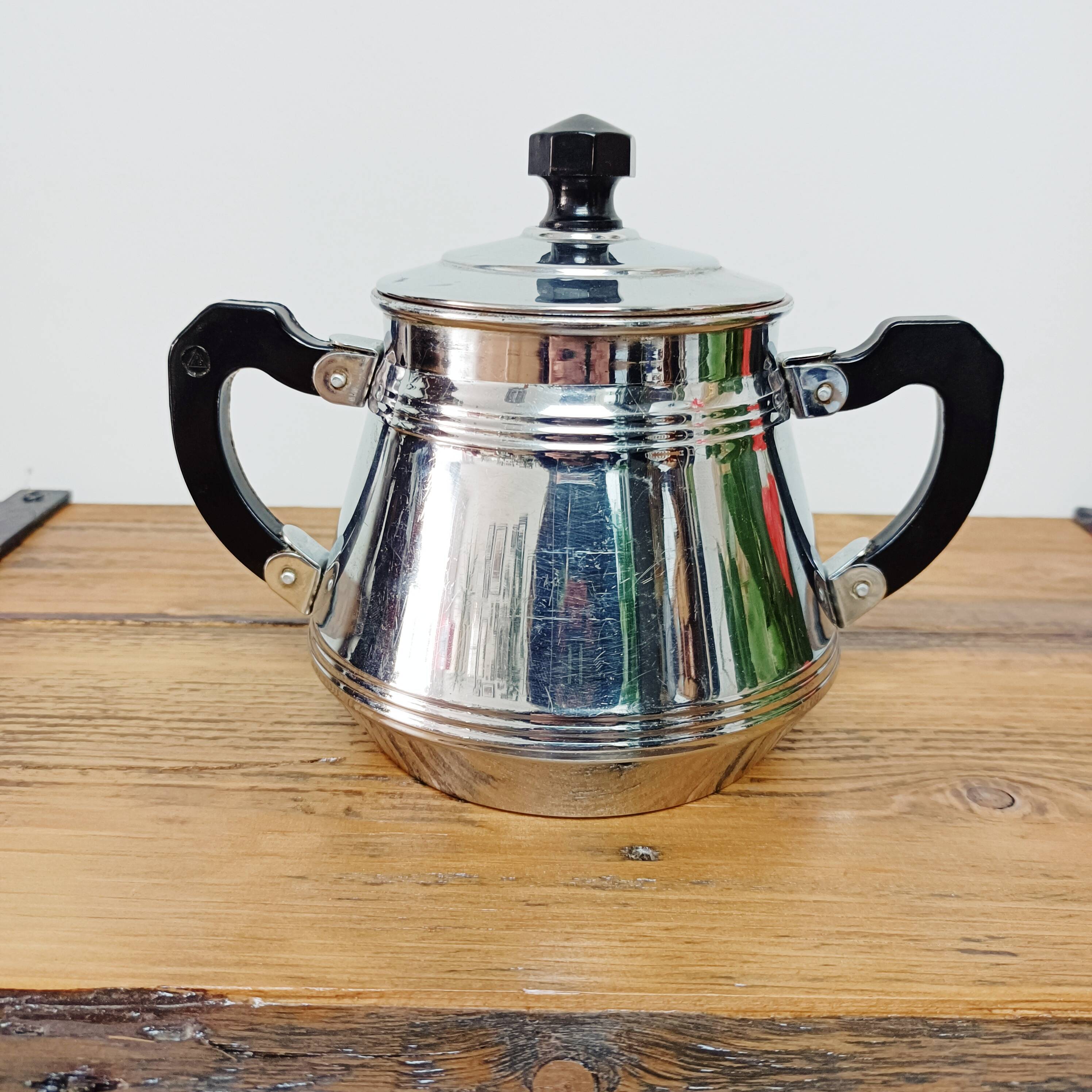 Old chrome-plated copper sugar bowl