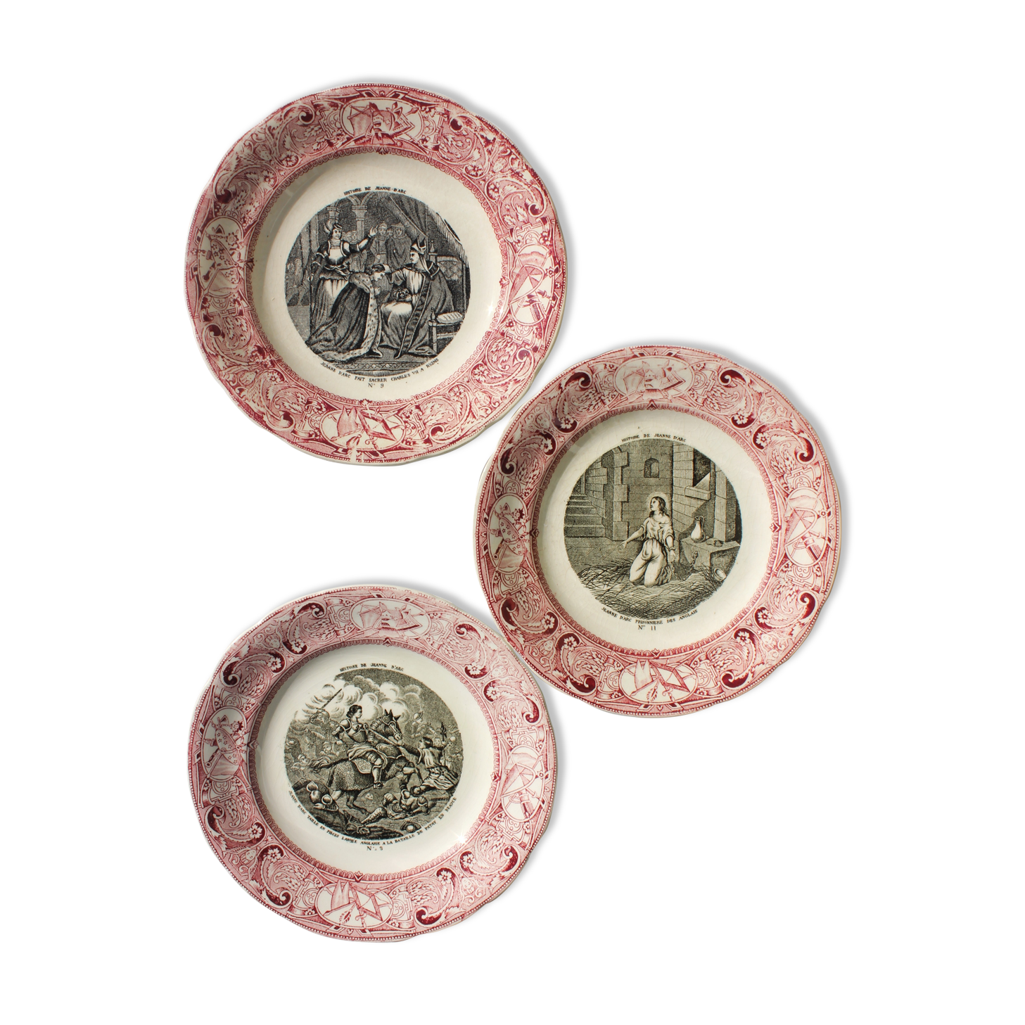 Lot de 3 assiettes parlantes Jeanne d'Arc, Porcelaine opaque de Gien