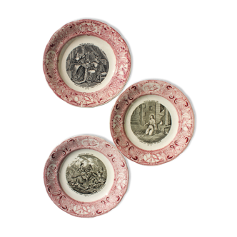 Set of 3 talking plates Jeanne d'Arc, Opaque porcelain of Gien