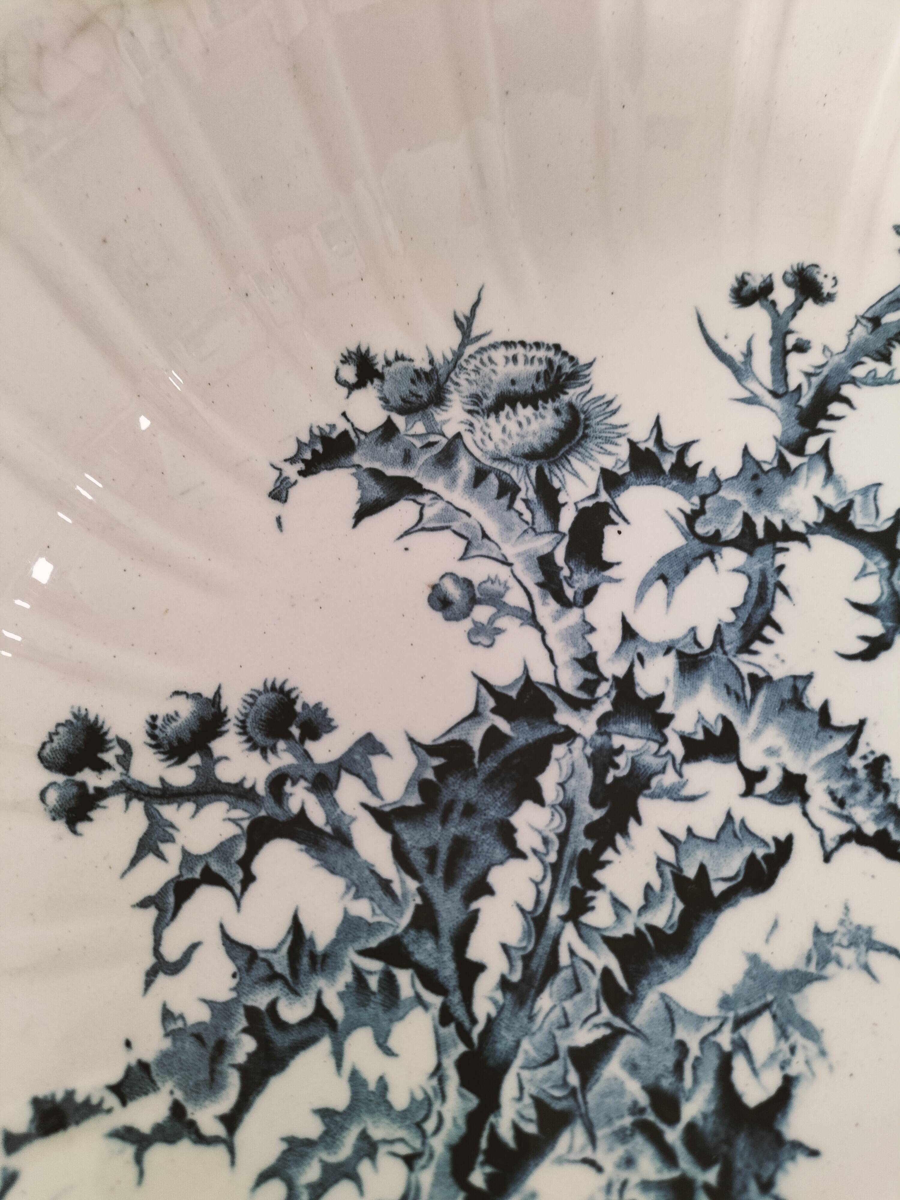 Large antique Gien hollow dish, Chardons blue model – fine 19th century earthenware