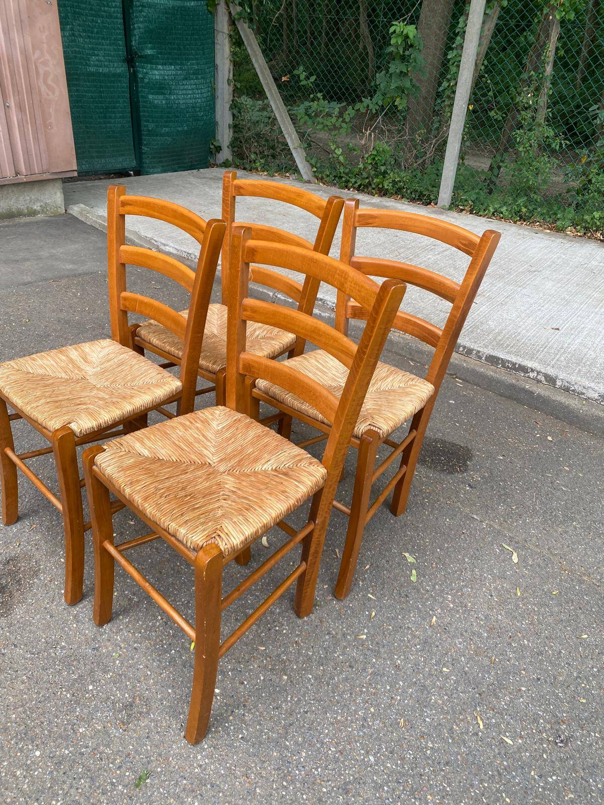 4 chaises de cuisine en bois massif paillées dossier échelle 1980