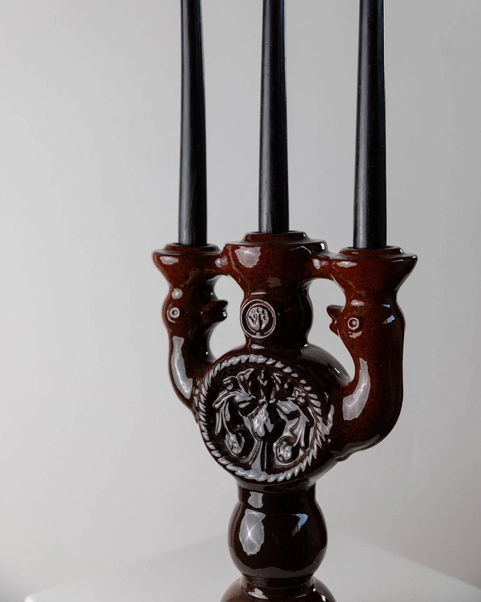 Large brown glazed ceramic candle holder for 3 candles - Brutalist mid-century Estonian design, 1960s