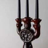 Large brown glazed ceramic candle holder for 3 candles - Brutalist mid-century Estonian design, 1960s