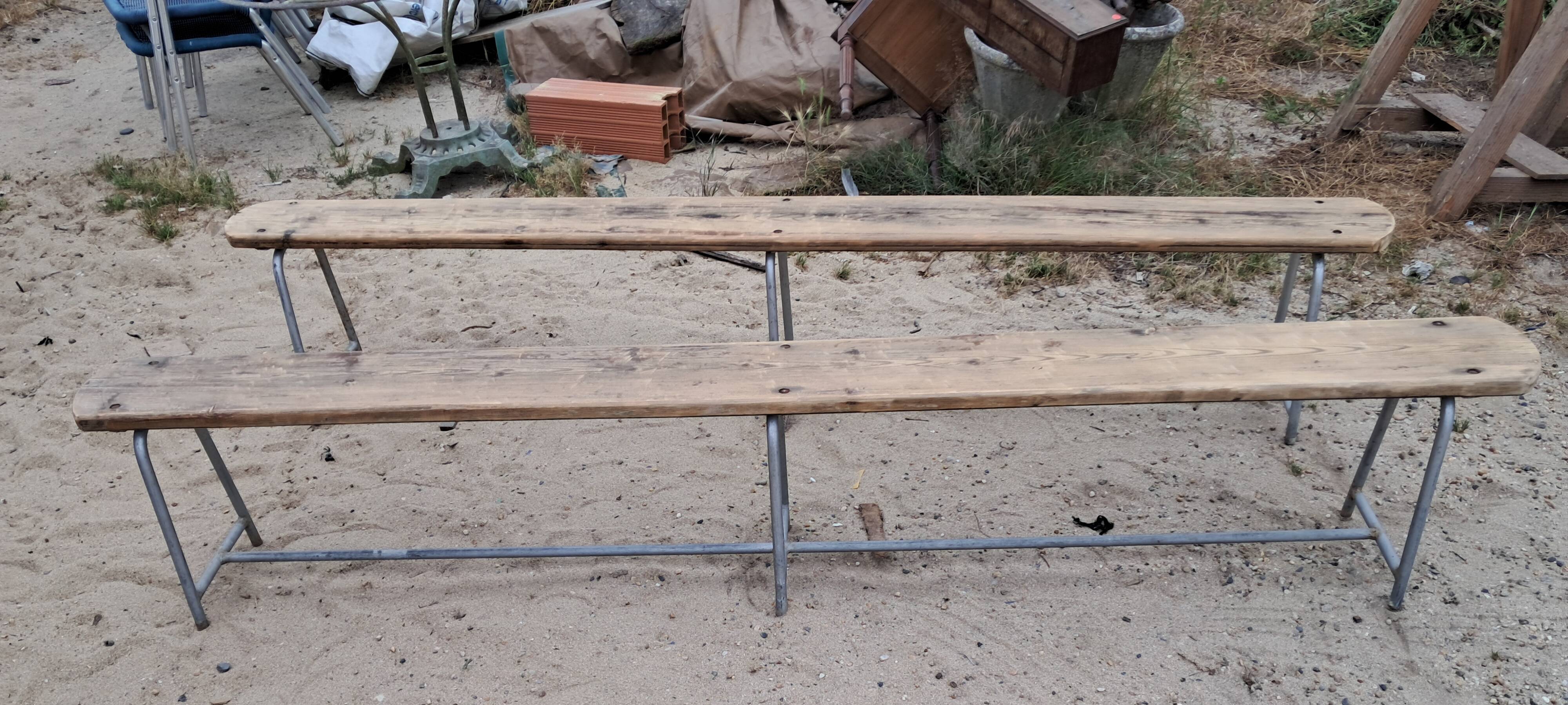 vintage metal and wood bench pair