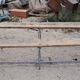 vintage metal and wood bench pair