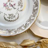 8 petites assiettes vintage dépareillées en porcelaine française Limoges, Orchies - motifs fleurs dorées et oiseau