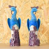 Mid Century Chinise Pair of Turquoise Porcelain Peacocks 50s