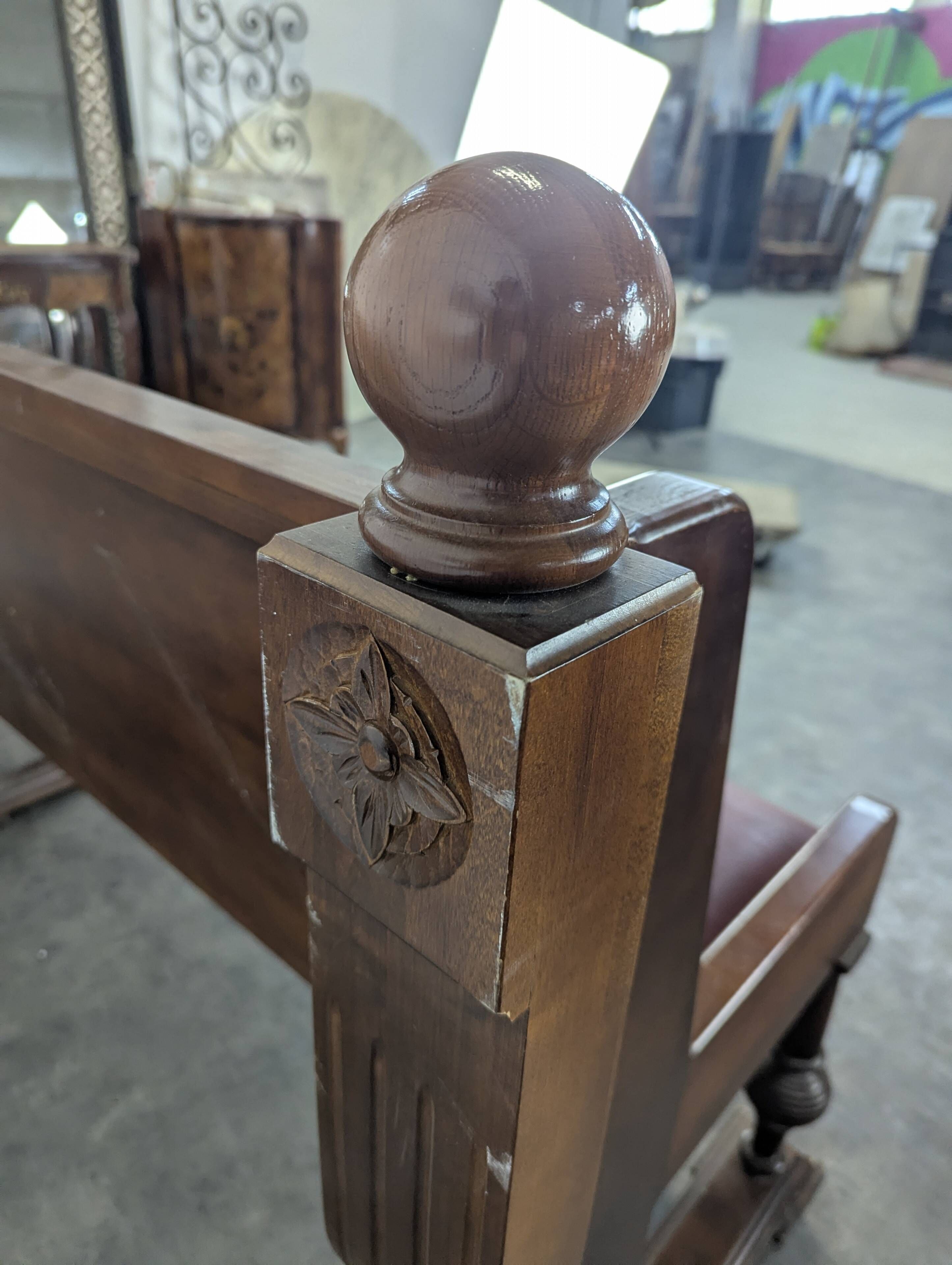 Art Deco brasserie bench in oak and bordeaux leatherette seat 220 cm