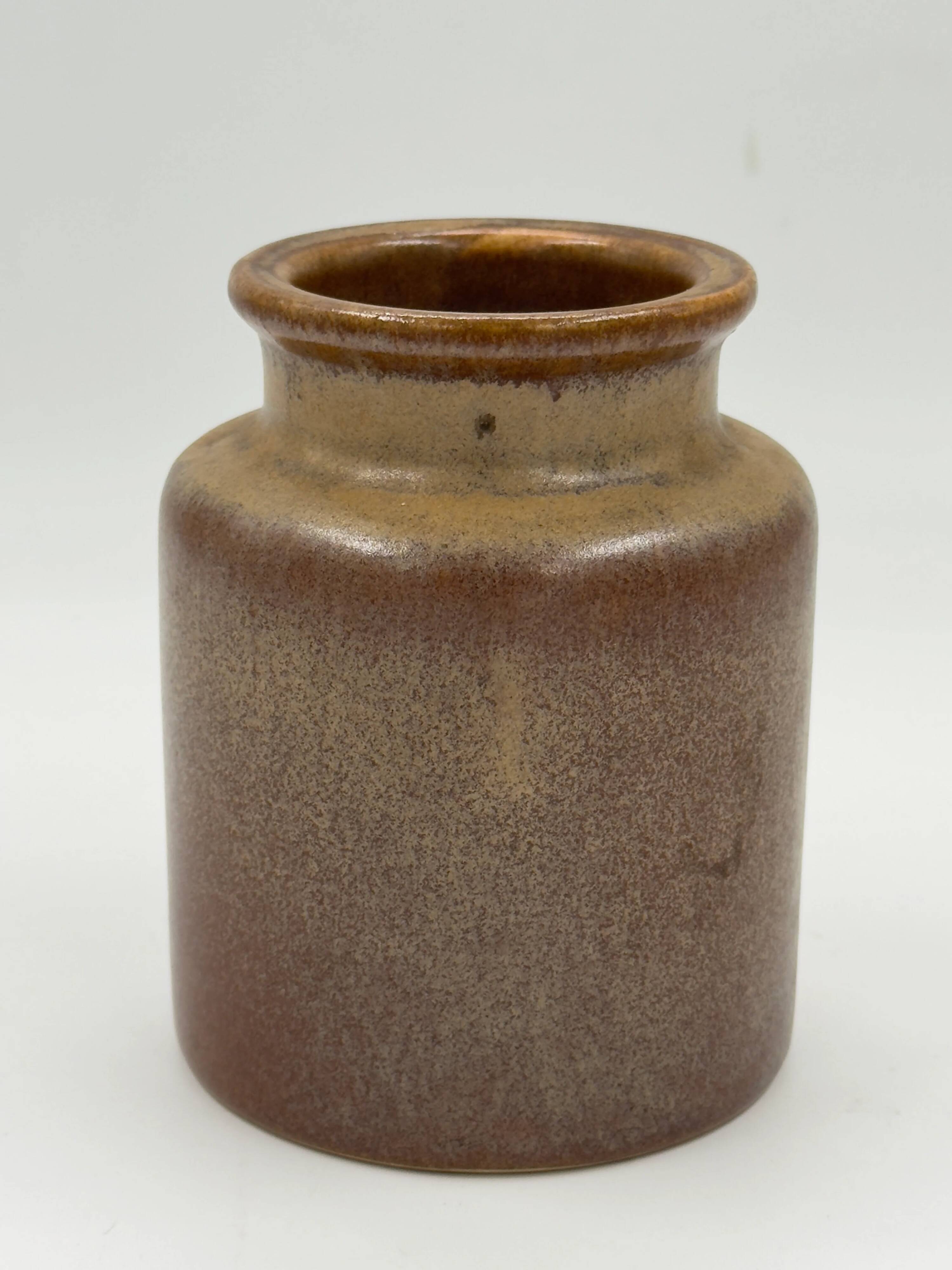 Vintage cylindrical ceramic workshop vase with speckled brown glaze.