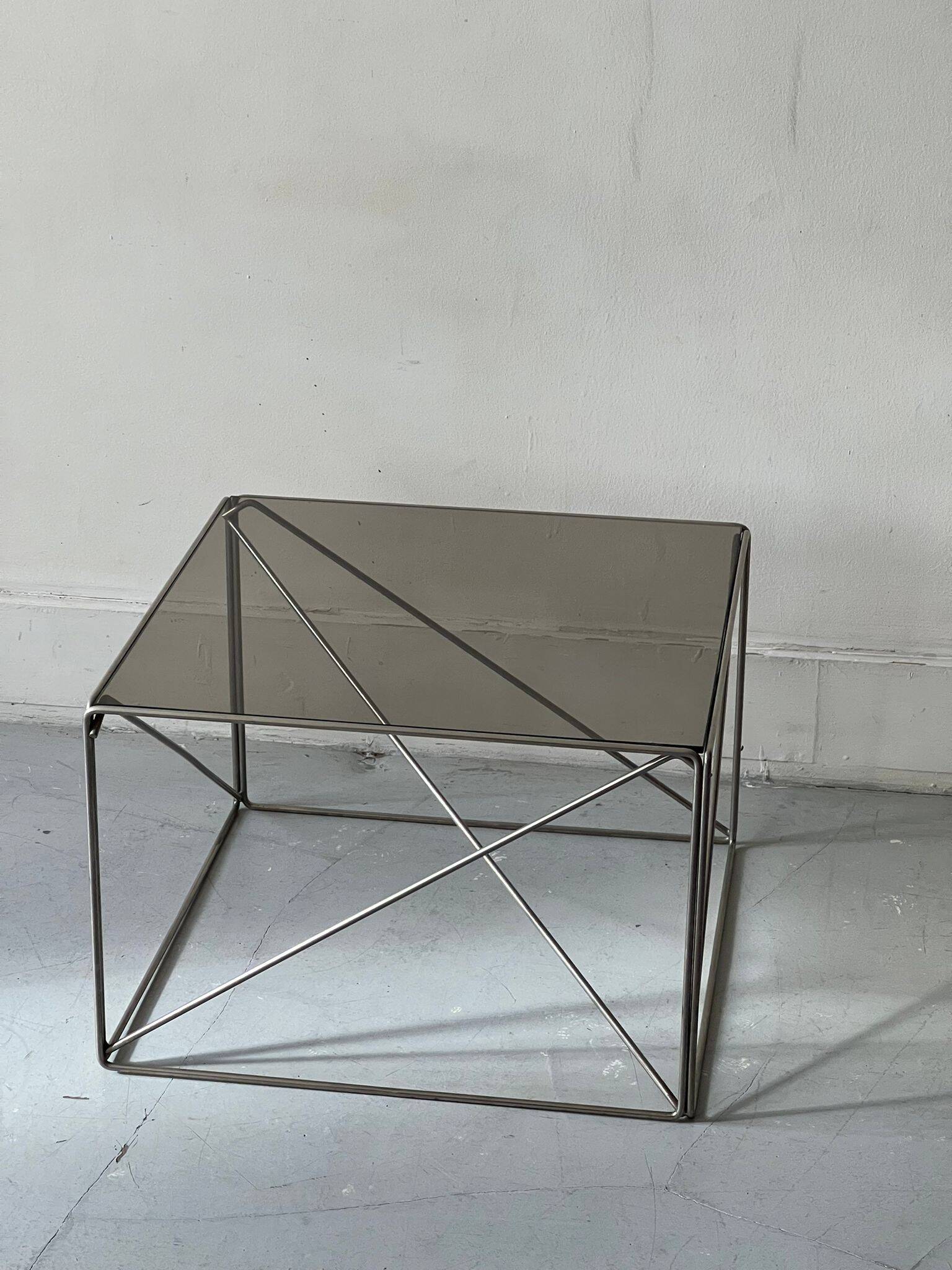 Smoked glass and chrome designer coffee table by Max Sauze, Isocèle collection, 1970
