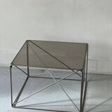 Table basse design en verre fumé et chrome par Max Sauze collection Isocèle, 1970