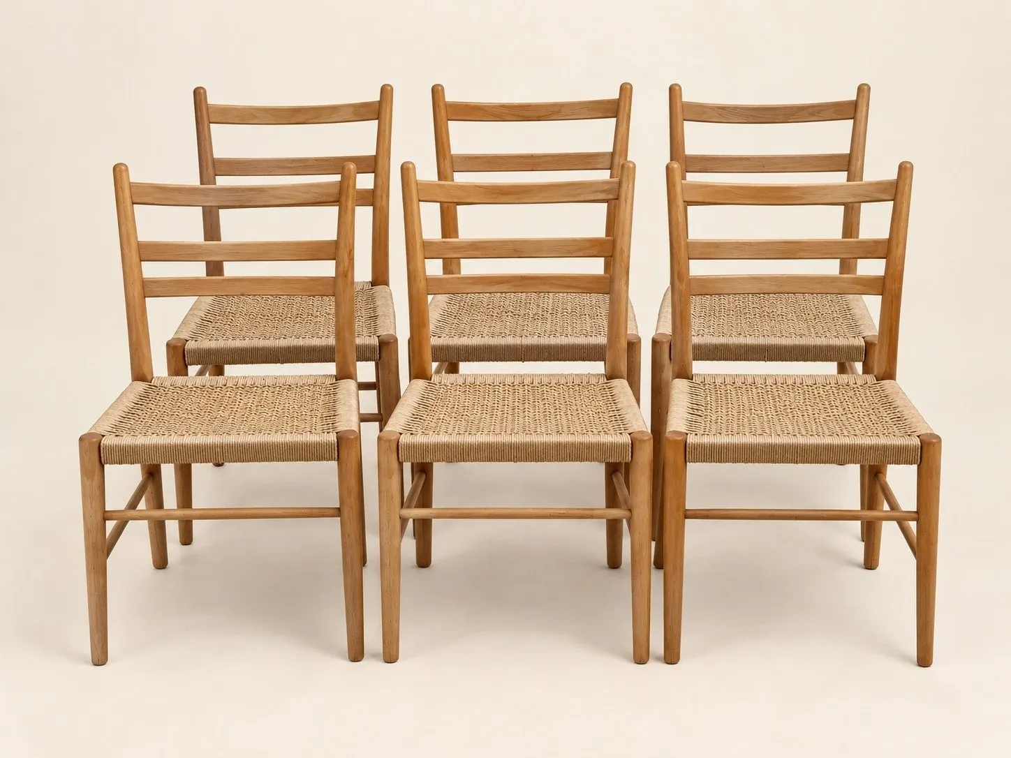 Six mid-century Scandinavian chairs, wood & Danish cord, 1960s.