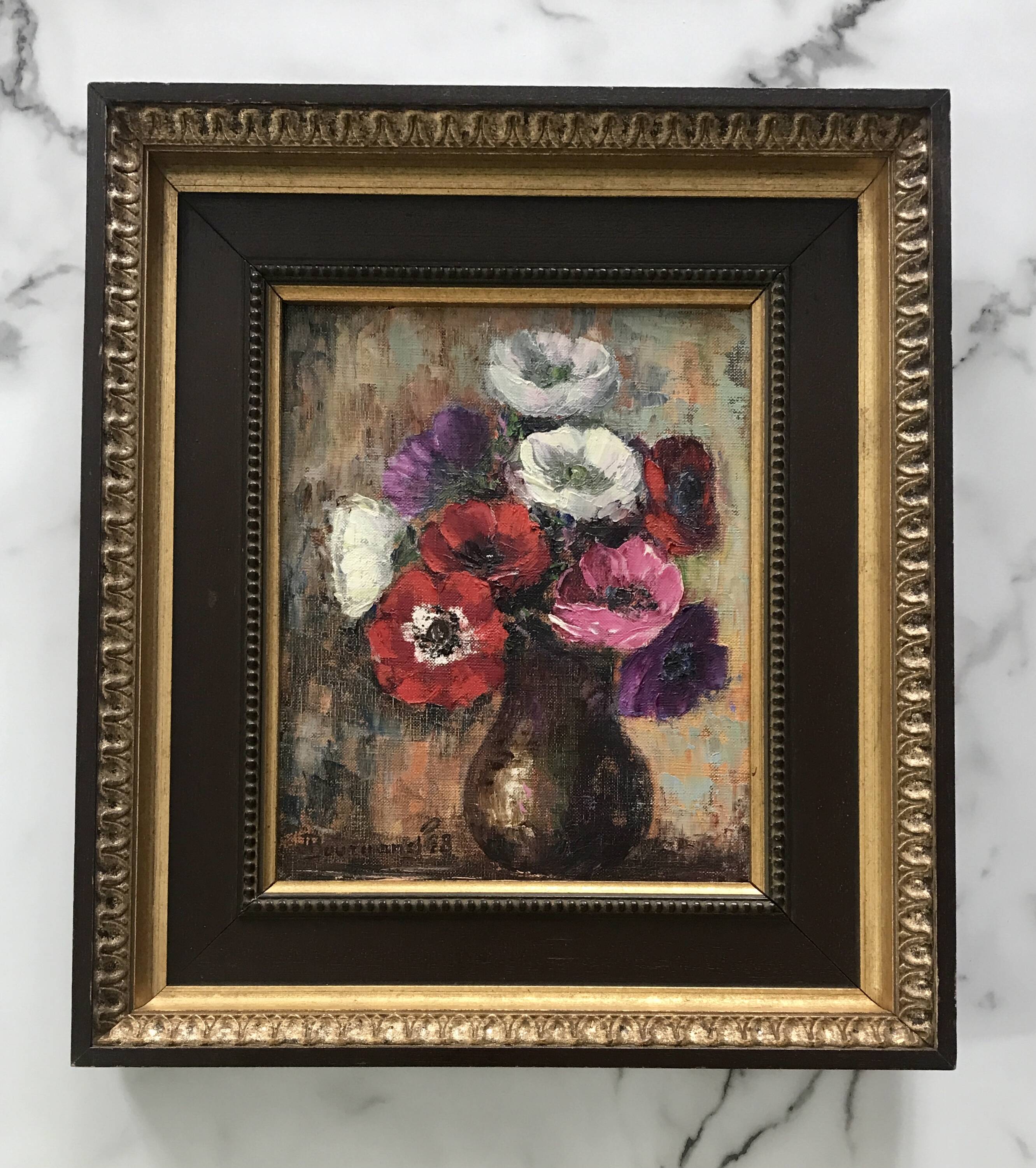 Huile sur toile Bourganel 1978 bouquet de fleurs
