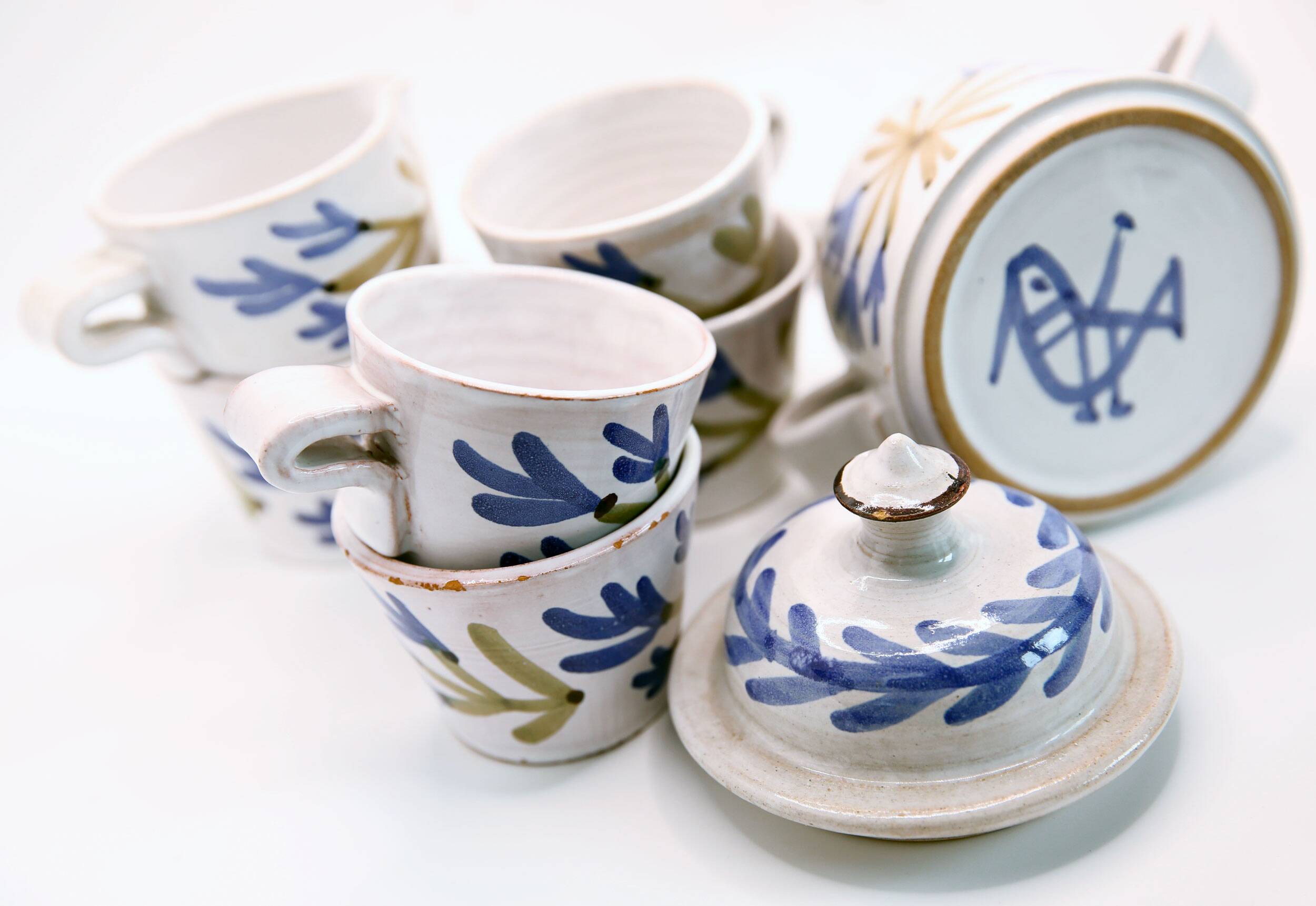 5 cups, 1 milk jug, 1 sugar bowl by Michel Barbier Vallauris