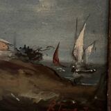 Oil on panel depicting a port from the early 20th century