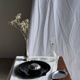 Pair of vintage black glass shell dishes D32 and D26