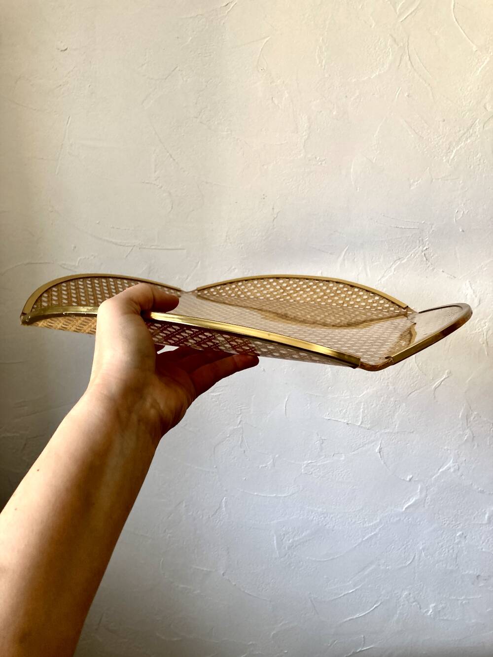 Acrylic glass plateau, caning & brass, 1970, attributed to Roche Bobois.