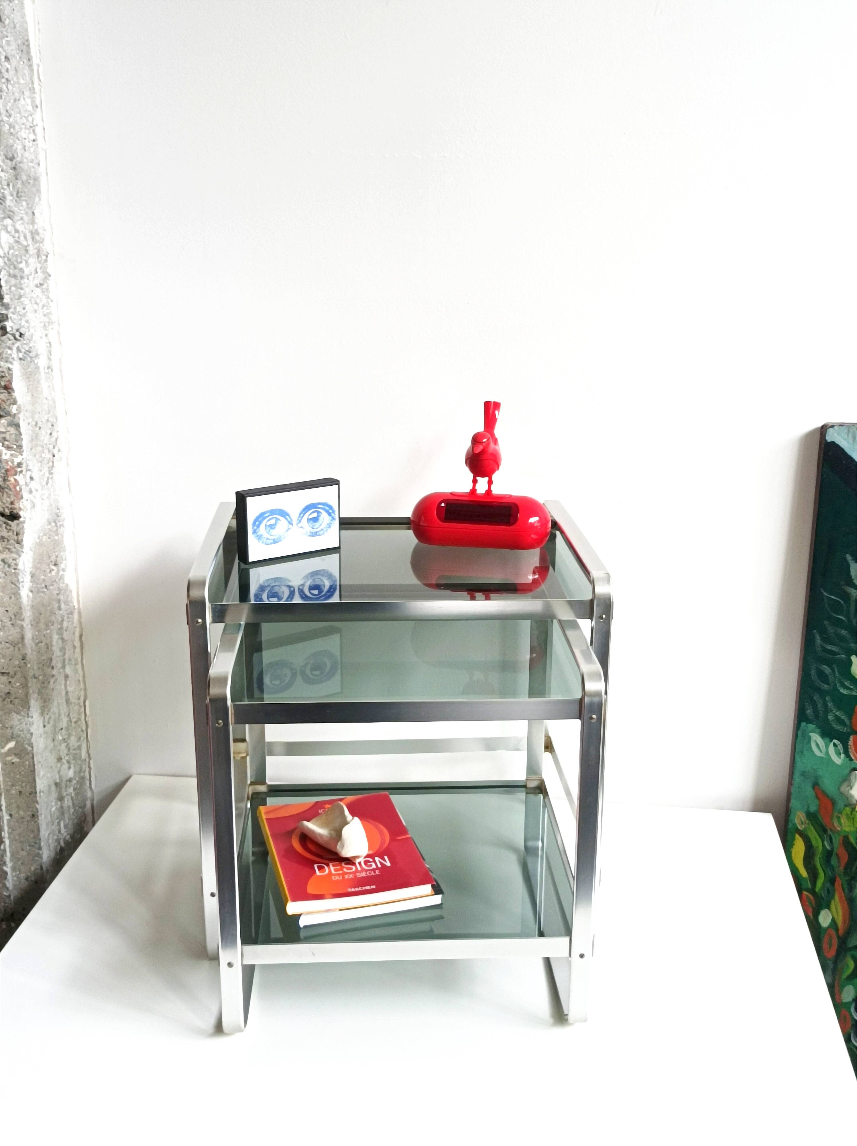 Nested tables in aluminium and smoked glass by Martini & Rossi, 1970s.