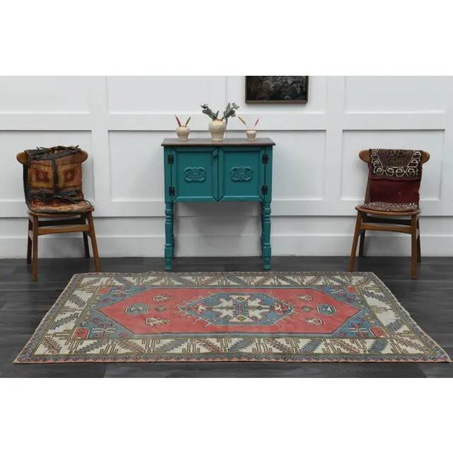 1970s Vintage Turkish Handmade Wool & Cotton Pink Area Rug 155x209