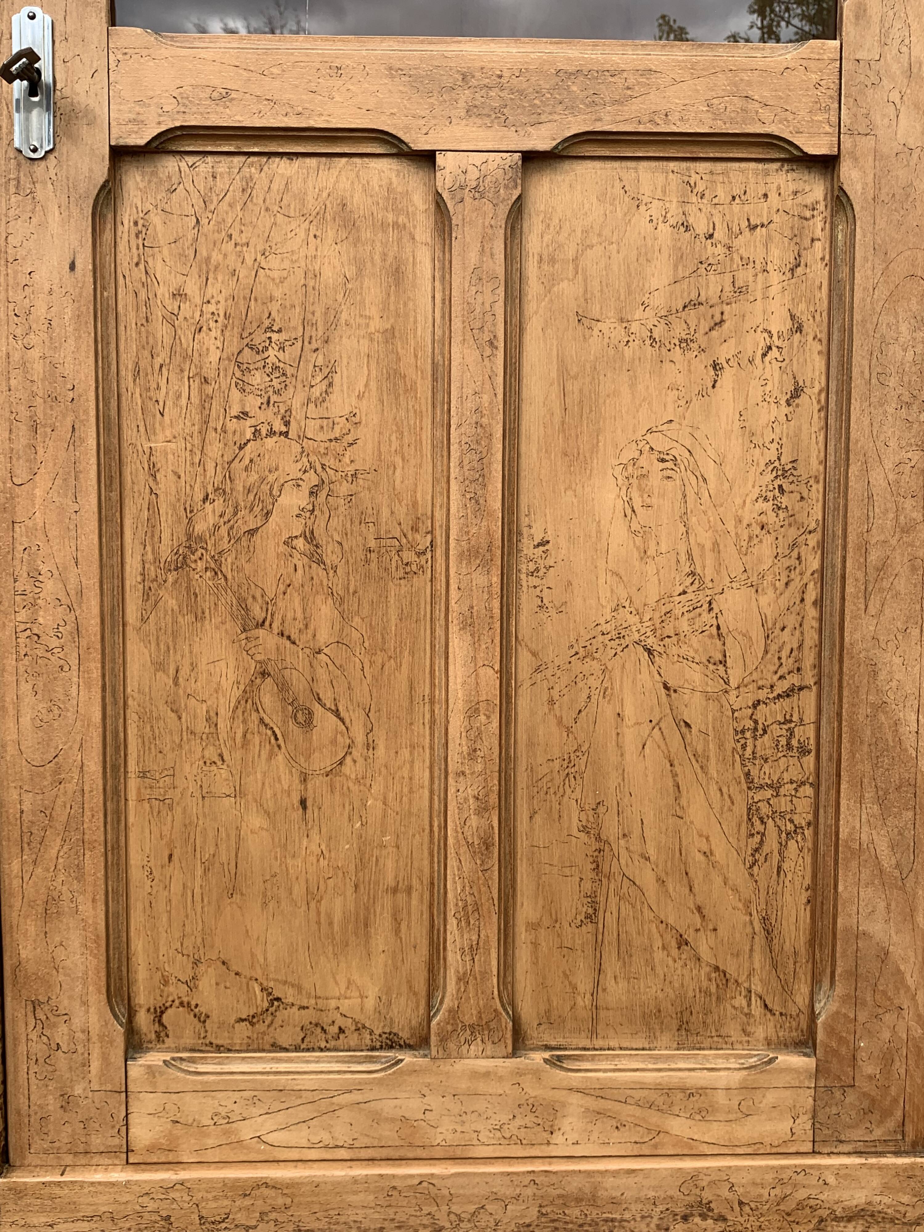 Parisian cabinet glazed raw wood nymphs and carved art nouveau decorations