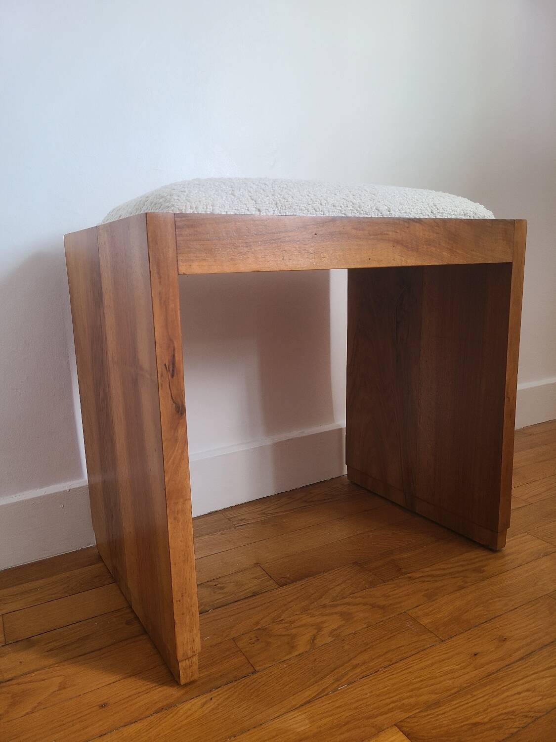 Antique Art Deco piano bench stool rosewood white bouclette fabric