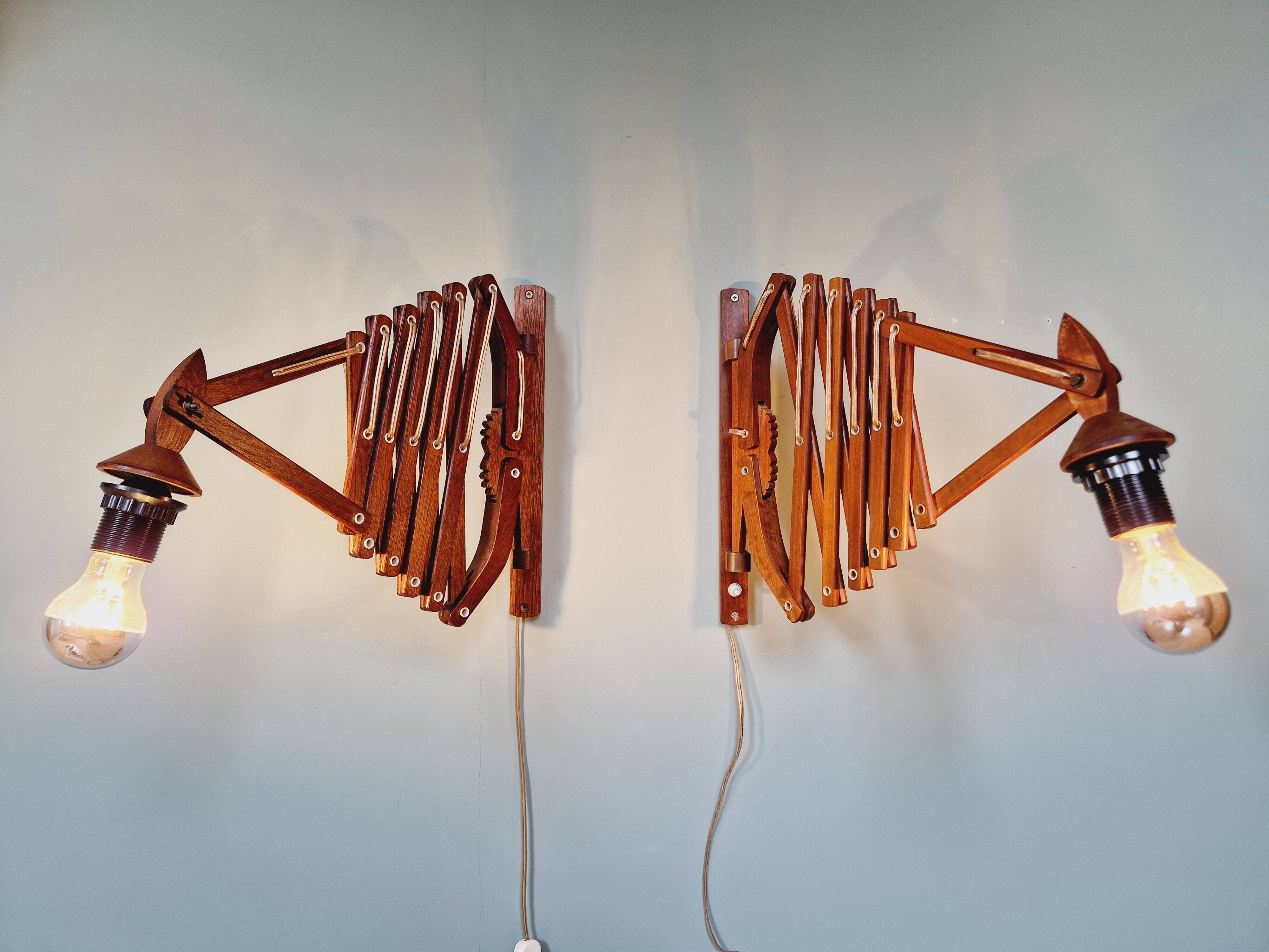 Pair of teak scissor wall lights, Scandinavian style, 1960s