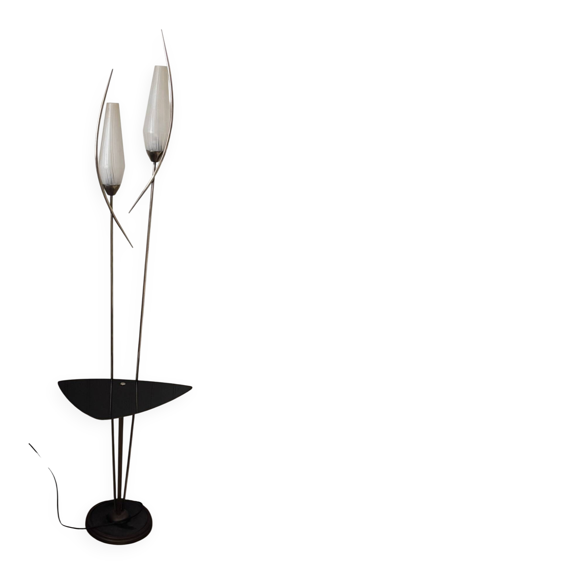1950s Modernist Floor Lamp with Reading Light, brass and filigree glass.