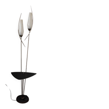 1950s Modernist Floor Lamp with Reading Light, brass and filigree glass.