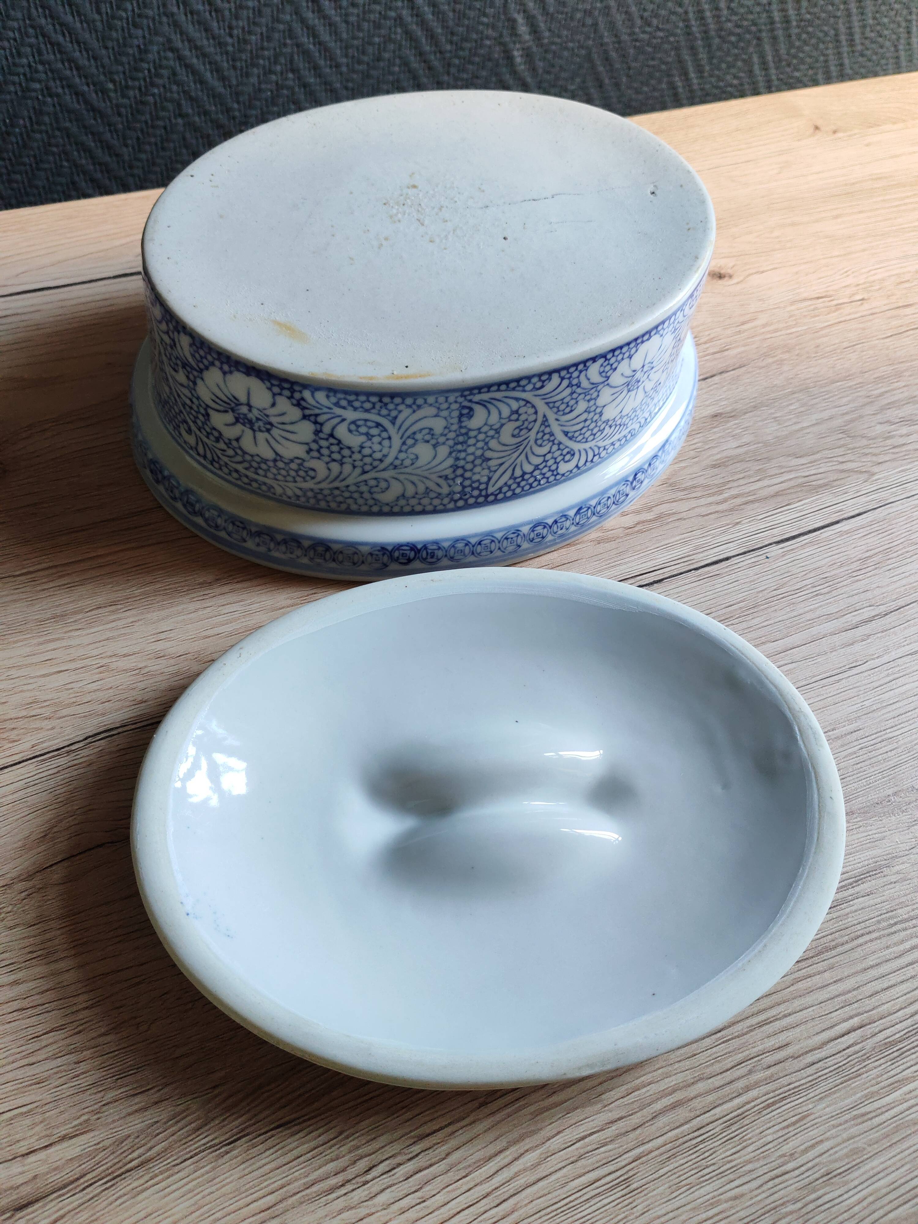 Oval Vintage Terrine in Blue and White Porcelain, Casserole with Lid