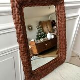 Large rattan mirror and dark wood 60s 36x50cm